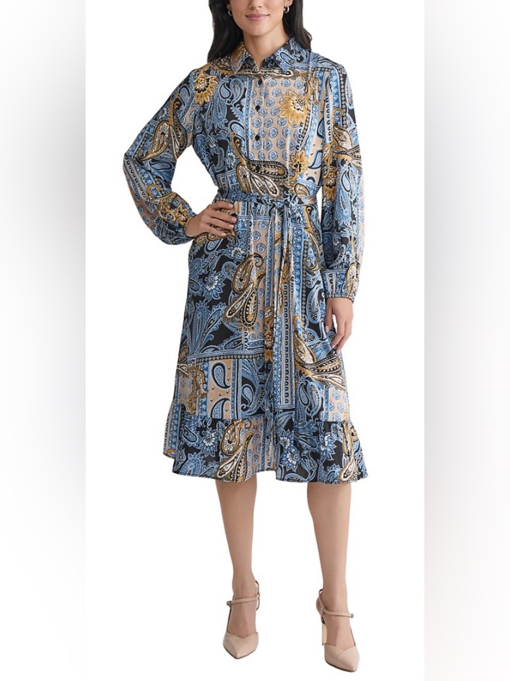 JONES NEW YORK Women’s Long Sleeve Printed Chiffon A-Line Dress. Blue Lagoon. ♥️